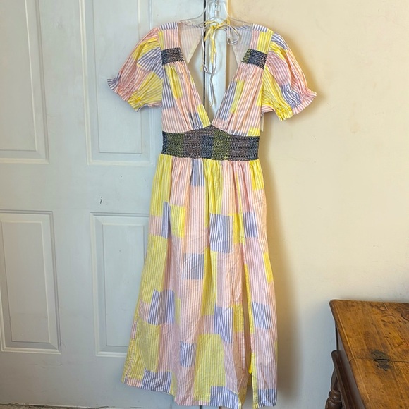 Urban Outfitters Liliana Side Slit Midi Dress Puff Sleeve patchwork striped Sz M - Picture 3 of 16